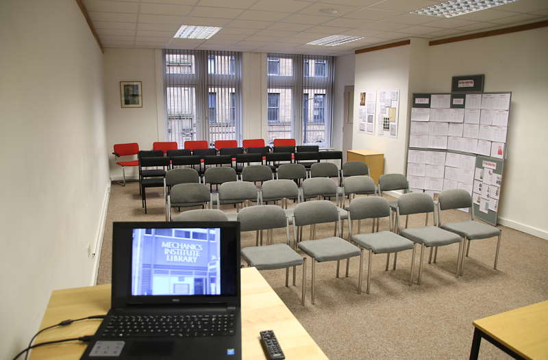 meeting room for hire set out in lecture presentation style at Bradford Mechanics Institute